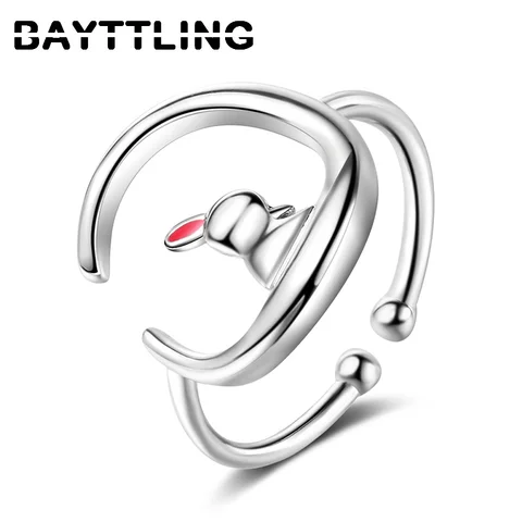 Silver Color High Quality Moon Cute Rabbit Open Ring Woman Fashion Birthday Gift Jewelry