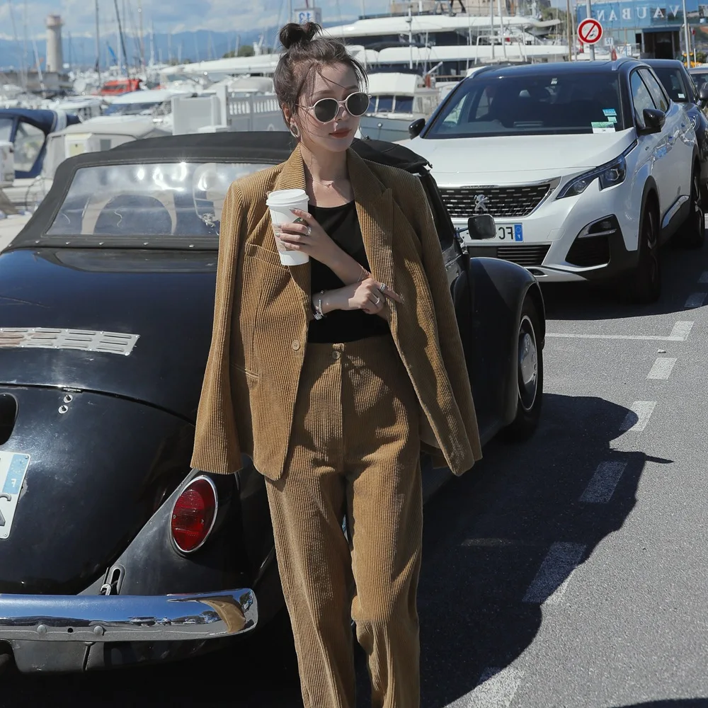 

Photo Shoot Korean-style Corduroy Set 2020 Spring New Style Retro Suit Jacket + High-Waist Pants Two-Piece Women's