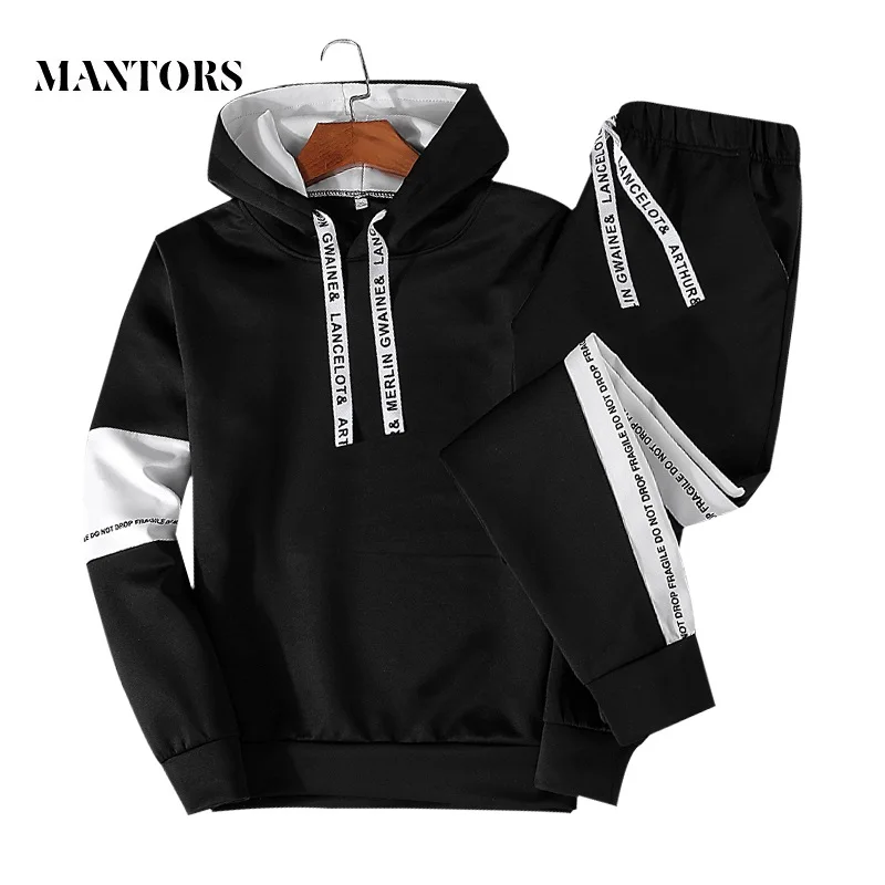 

New Men Casual Hoodies 2019 Spring Autumn Solid Patchwork Hooded Sets Male Sportwear Sweatshirts 2PC Tracksuit Moletom Masculino