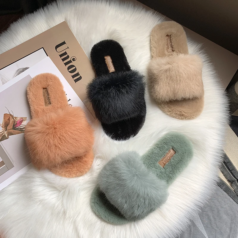 Hot Sale Women Slippers Fashion Fluffy Faux Fur Plush Slippers Women Spring Autumn Slides Flip Flops Flat Shoes 35-40 g754