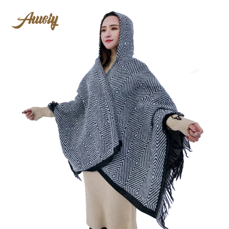 

New Ladies Black and White Diamond Plaid Hooded Shawl Long Thick Ladies Autumn Scarf Imitation Cashmere Warm Cloak Winter Cloak