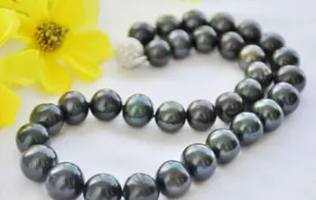 

Jewelry Pearl Necklace 14mm ROUND BLACK fw cultured PEARL NECKLACE ball CLASP 17inc Factory Wholesale price Women Free Shipping