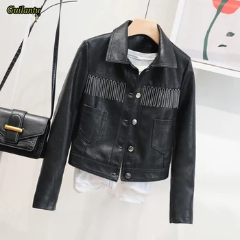 

Guilantu Ladies Faux Pu Leather Jacket Women Turn-down Collar Single Breasted Beading Streetwear Jacket Women Motorcycle Coat
