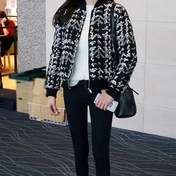 

Vintage Women Tweed Jacket Patchwork Long Sleeve Female Coat Casaco Femme Zipper Street Jacket