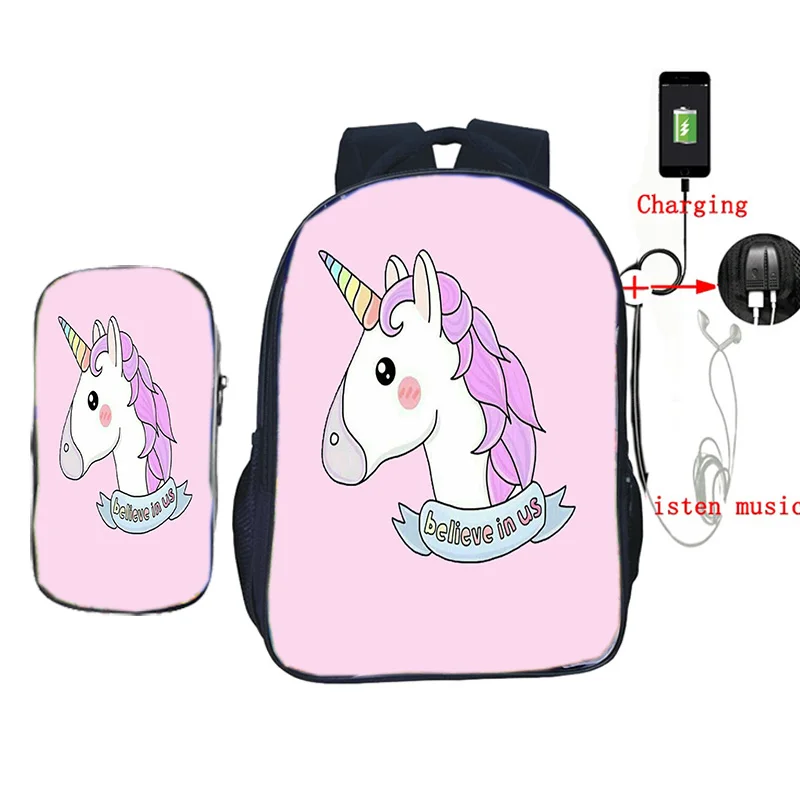 2 шт./компл. Kawaii Единорог школьная сумка USB зарядка мочилы для подростков мальчиков девочек ежедневный рюкзак дорожные сумки