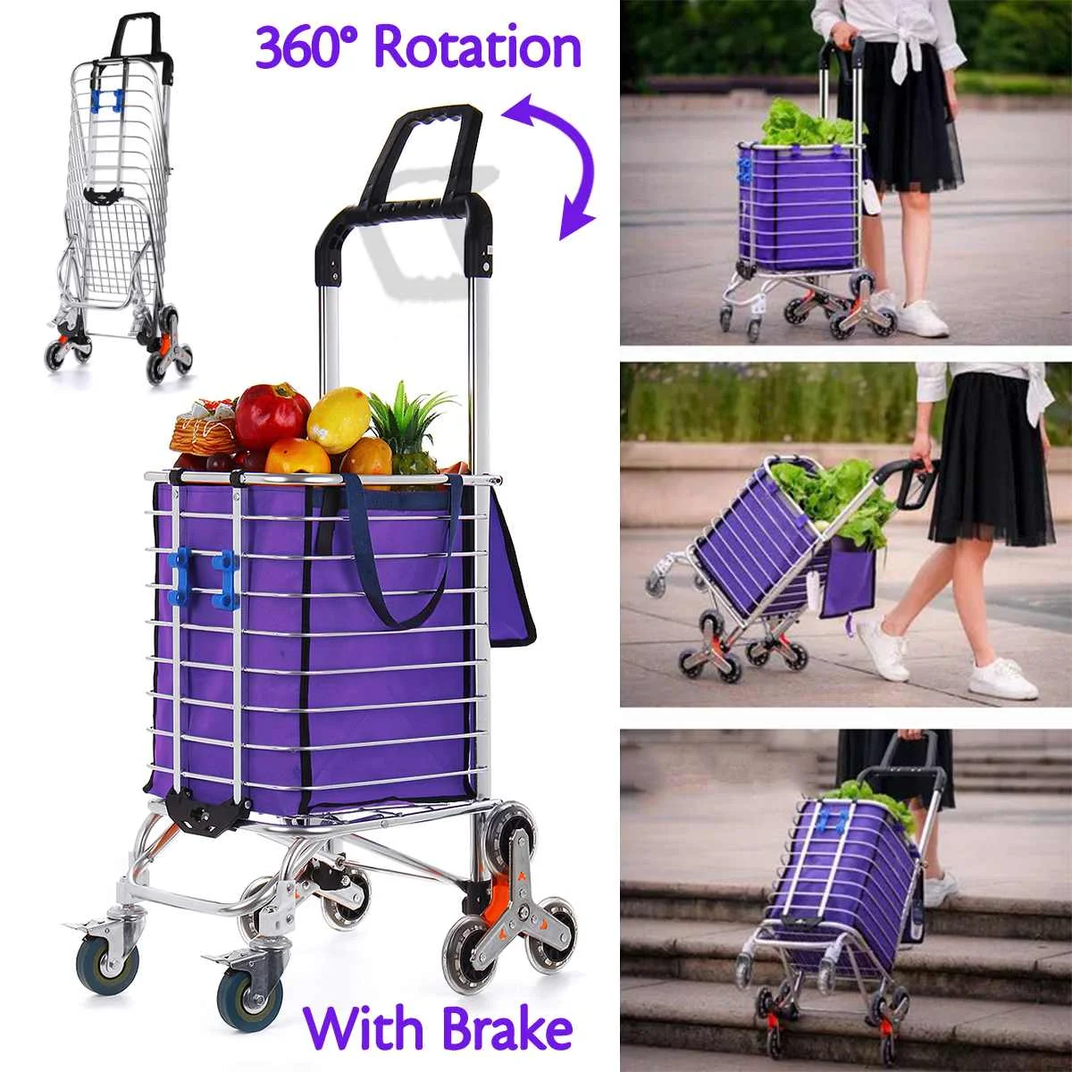 

8 Wheels Portable Shopping Cart Folding Stair Climbing Cart qith Triangle Wheel Shopping Trolley Double Handles with Brakes