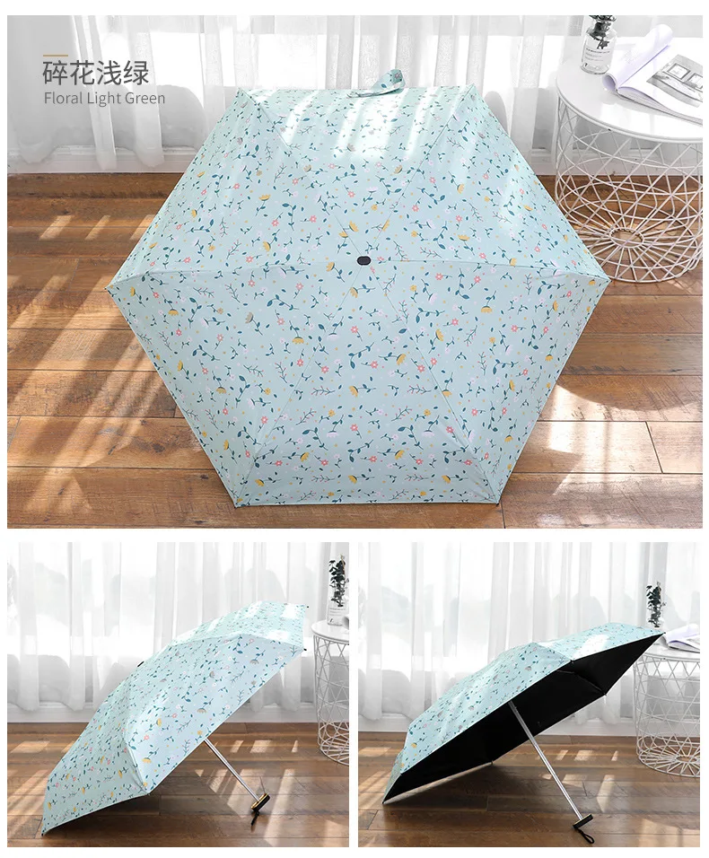Floral-Print 16.5 Cm Ultra-Light Portable with Pockets UV-Protection Parasol Five-fold Umbrella