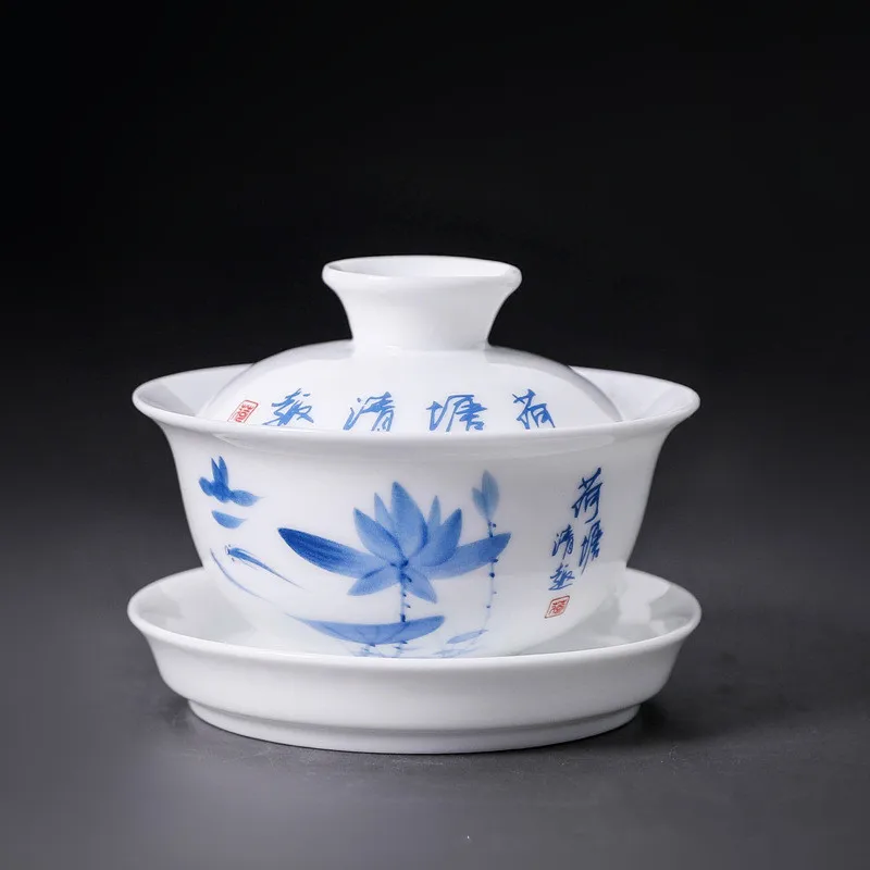 Керамический гайвань 3," с рисунком лотоса, китайский чайный сервиз Sancai, чайная чаша, белый керамический синий и белый фарфор, чайная чашка и блюдце, набор - Цвет: A