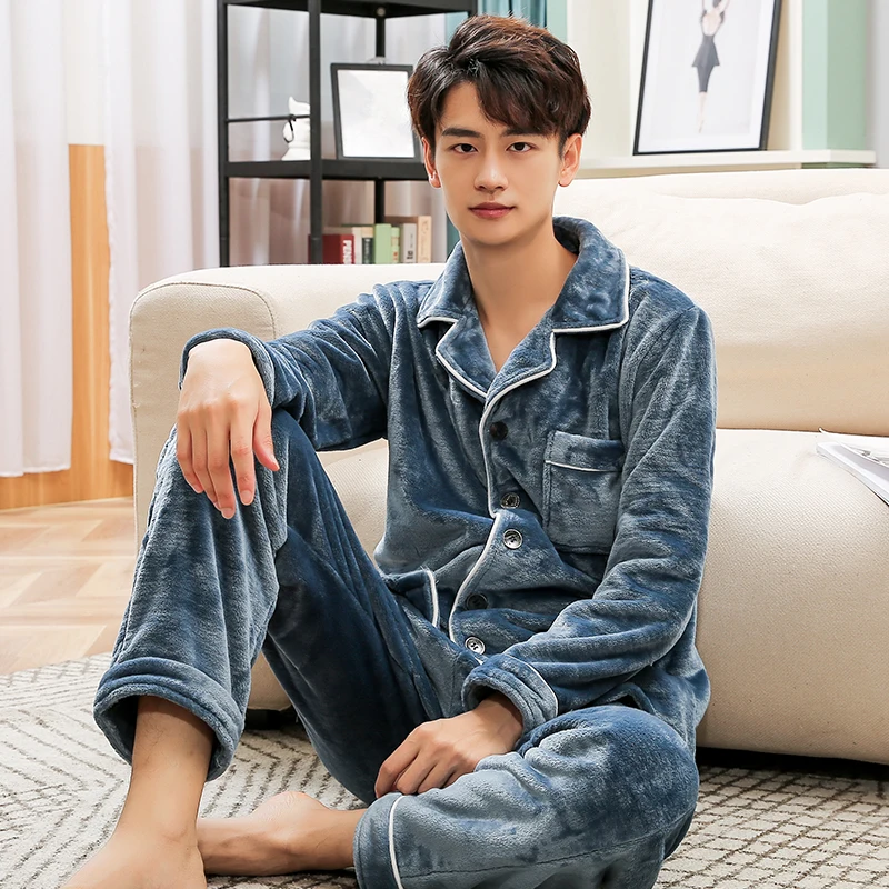 2020 Winter Pajamas Men 2 Pieces  Coral Fleece Lounge Sleepwear for Man Pijamas Home Lounge Clothes Blue Warm Thicken Pyjamas