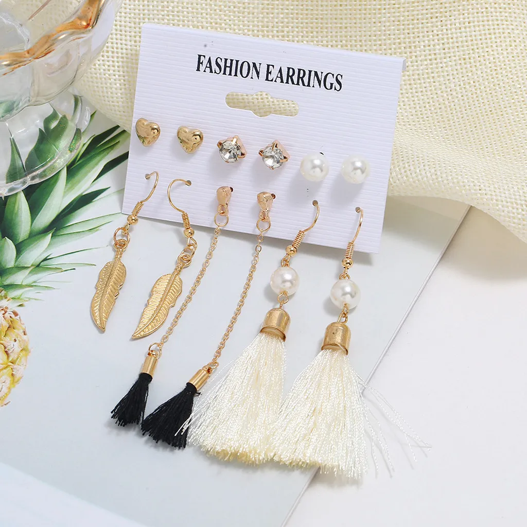 6 шт., серьги для женщин, модные, персональные, серьги с жемчугом в виде листа любви, набор кисточек, Brincos, модное ювелирное изделие, Aretes De Mujer Bohemio