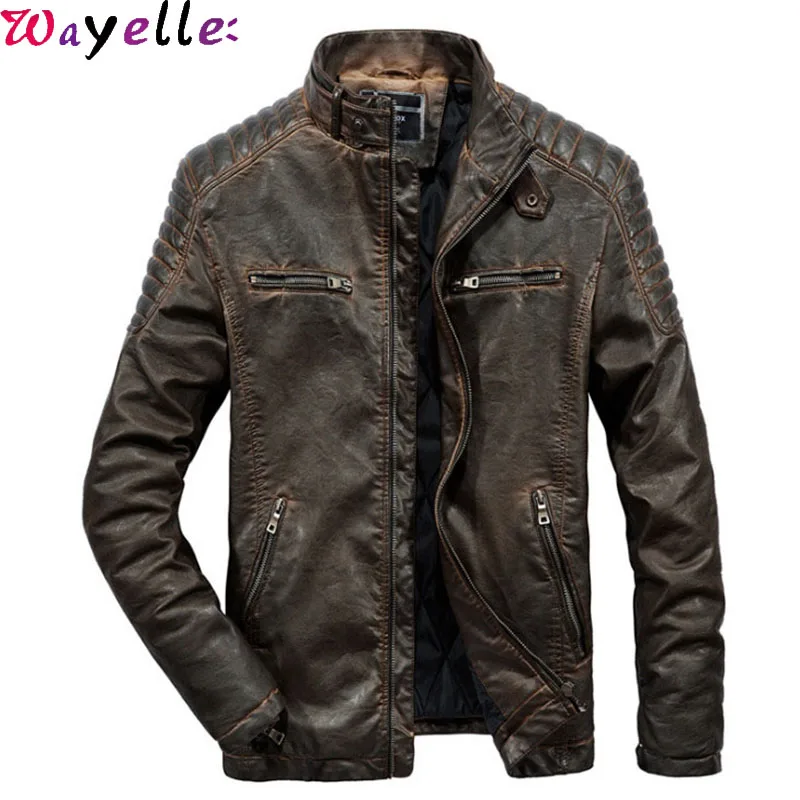 Мужская коричневая кожаная куртка зимняя новая теплая винтажная куртка из искусственной кожи Мужская мотоциклетная байкерская куртка Chaqueta Cuero Hombre