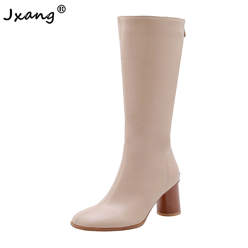 

JXANG Women's autumn and winter zipper square head round heel high-quality pu leather fashion plus velvet warm high boots