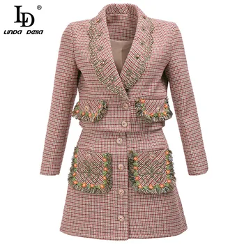 

LD LINDA DELLA Winter Runway Plaid Vintage Tweed Suit Women Slim Short Jacket Coat＋Tassel Mini Embroidered Skirts 2 Piece Set