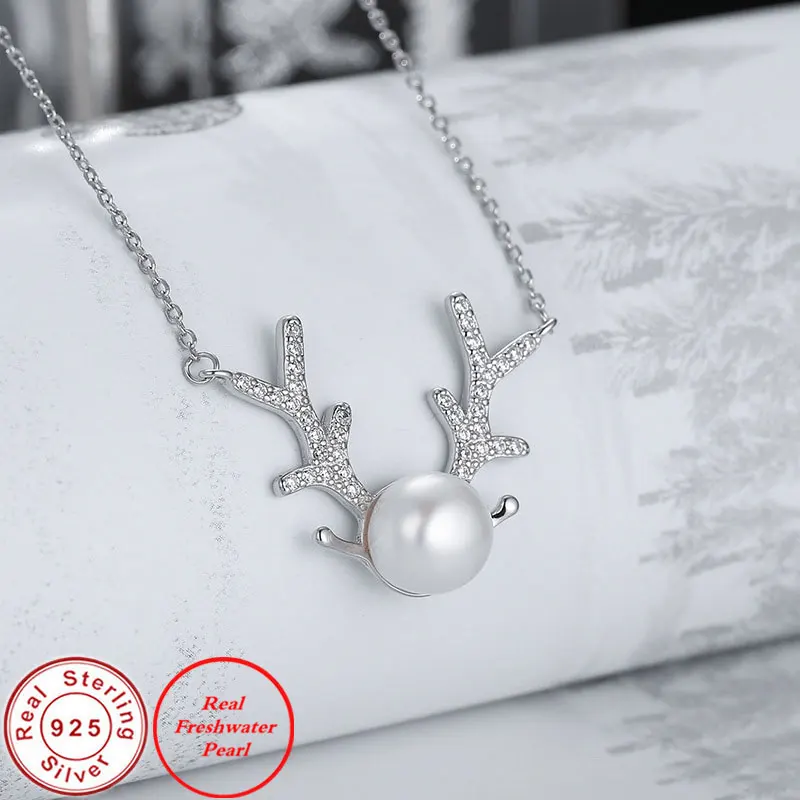 

Ataullah Silver 925 Jewelry Pendant Necklace Deer Antlers Necklaces Real Natural Freshwater Pearl Chain for Women Bijoux NW081