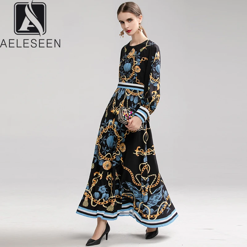 AELESEEN Новое поступление винтажное подиумное платье трапециевидной формы с принтом женское элегантное длинное зимнее платье до щиколотки с рукавом-фонариком