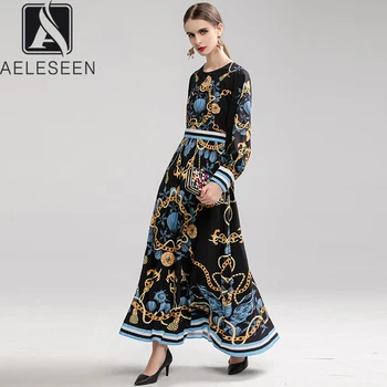 

AELESEEN New Arrival Vintage Runway Print A-Line Dresses Women Elegant Full Lantern Sleeve Winter Ankle-Length Long Dress