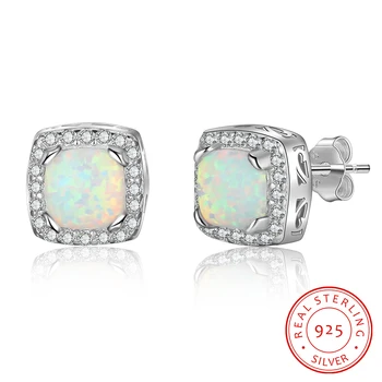

Created Square White Opal Earrings Elegant 925 Sterling Silver Stud Earrings for Women Clear CZ Earrings Female Wedding Jewelry