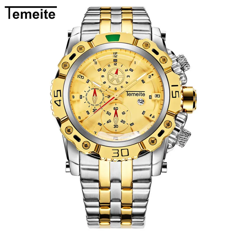TEMEITE модные золотые мужские часы календарь из нержавеющей стали водонепроницаемый большой циферблат спортивные часы лучший бренд роскошные часы Reloj Hombre - Цвет: gold 5
