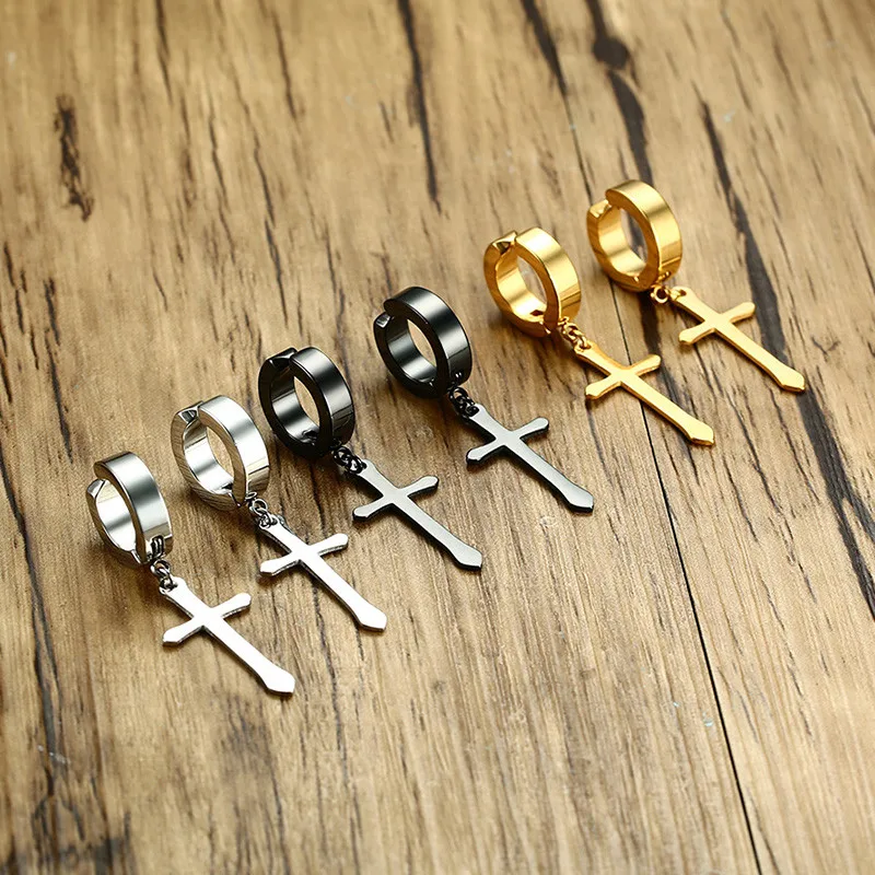 Black-Gold-Silver-Color-Stud-Earrings-For-Women-Men-Punk-Small-Circle-With-Cross-Stainless-Steel