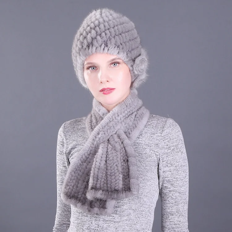 Женская зимняя вязаная шапка с тремя цветами из натурального меха норки, шапки и вязаные прямые шарфы, уличная Вязаная Шапка-бини из натурального меха - Color: color2