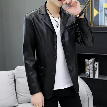 

Men of new fund of 2020 autumn season three buckles leather coat lapels young handsome leisure pure color leather