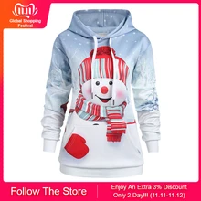 Женская зимняя толстовка с капюшоном, Рождественский свитер с большим карманом и принтом снеговика, пуловер для вечеринки
