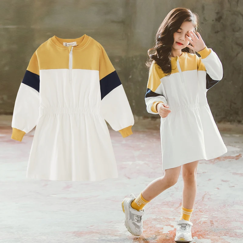 

Girls Fall Dress Color blocking Kids Dresses 2019 Korean Style Spring Autumn Children Defined Waist 2 to 13 Years