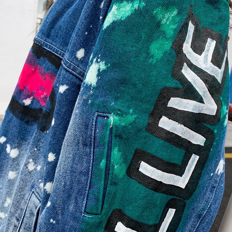 high quality fashion korea jacket denim coat women outwear long sleeve loose graffiti cartoon print jeans cowboy coat in winter