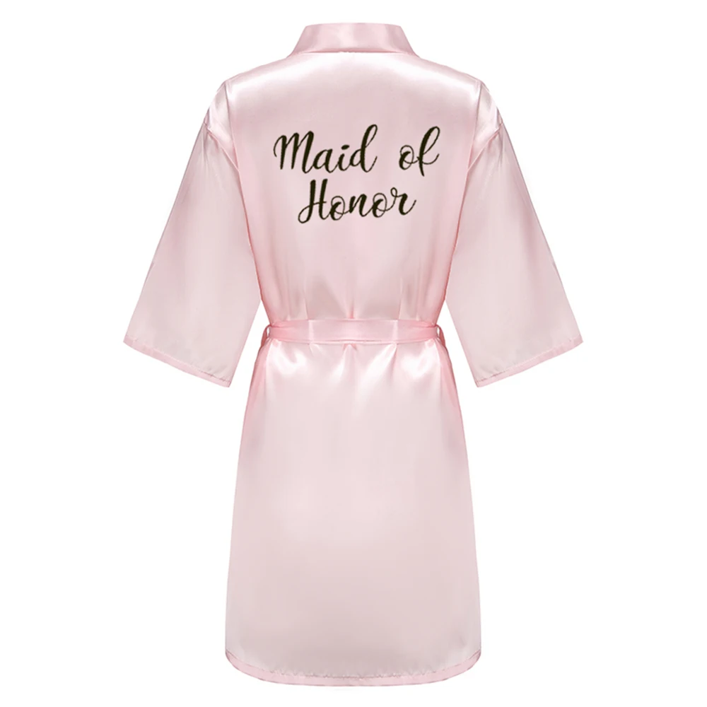 Women Sleepwear Bride Robes Wedding Team Satin Dressing Gowns Black Letter Writing Bathrobe