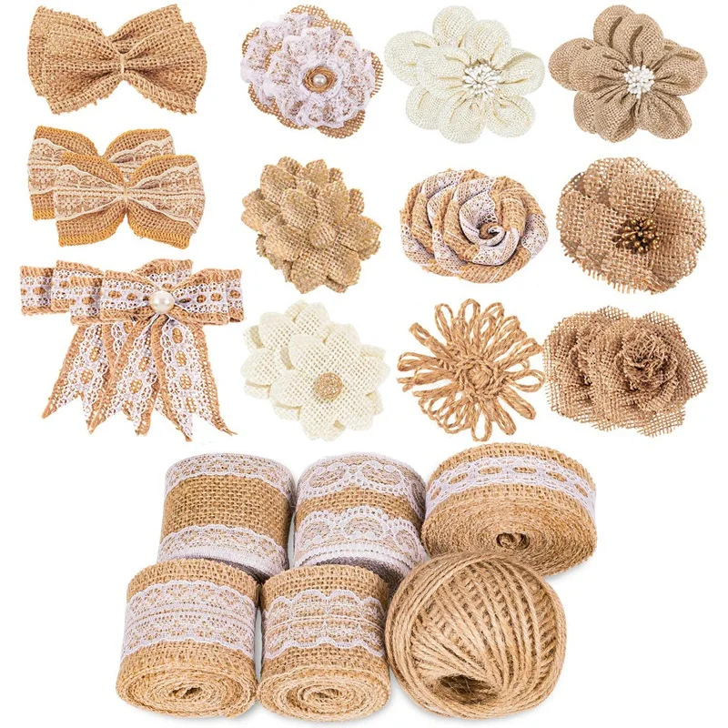 New-30PCS набор цветов из мешковины, включает в себя 5 кружевных лент из мешковины в рулонах, 24 ручной работы из мешковины цветов и бантов, 1 шпагат для свадьбы