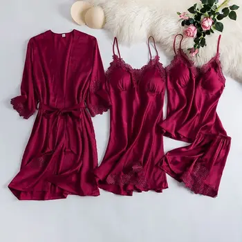 

4 Piece Sexy Pajamas Set Women Faux Silk Dressing Gown Lace Sling Shorts Summer Robe Sleepwear with Chest Pads