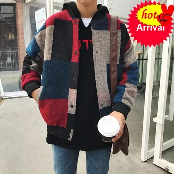 

Plaid Bomber Woolen Jacket Men Fashions Hip Hop Streetwear 2020 Autumn Spring Oversize Jacket