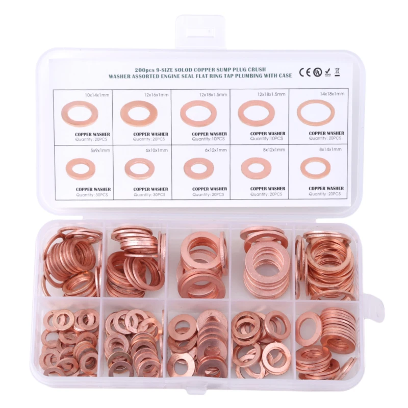 200pcs/box Copper Washers Flat Ring Sump Plug Oil Seal Assorted Set Professional Kit Gasket | Инструменты