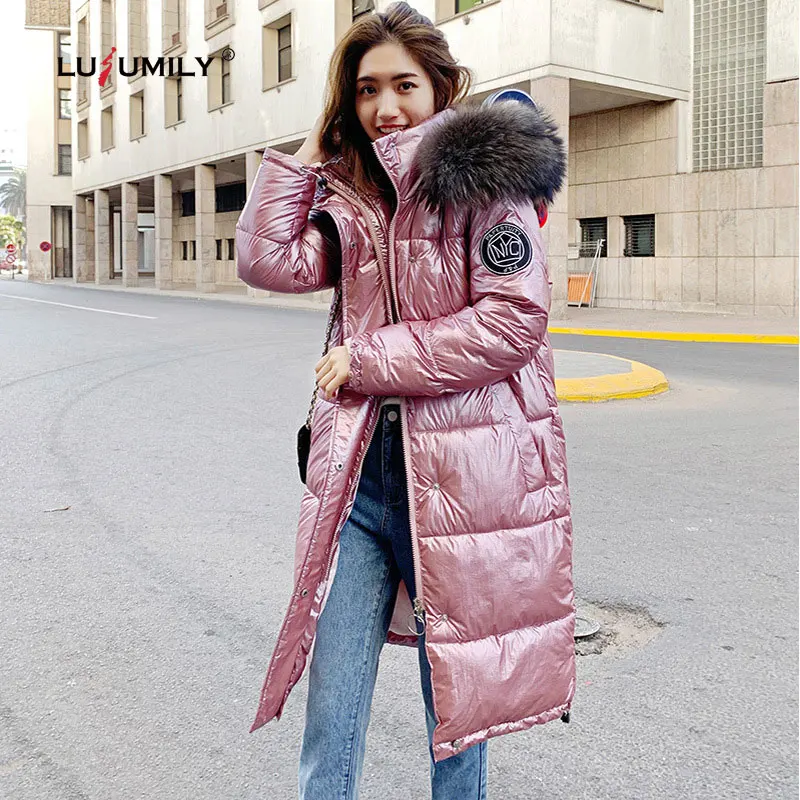 

Lusumily Large Fur Collar Winter Down Jacket Women Long Ultra Light Jackets Hooded Parka Warm Coat Female Glossy Outerwear