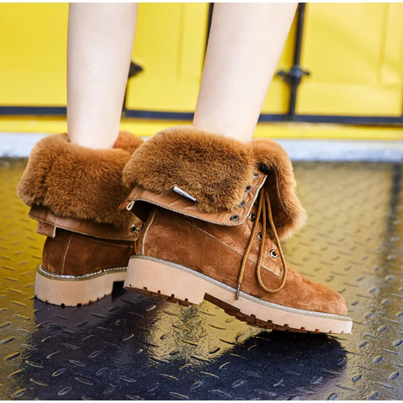 Новые женские теплые меховые зимние сапоги на платформе женские зимние замшевые сапоги до середины икры модная женская плюшевая обувь на шнуровке Обувь на не сужающемся книзу массивном каблуке