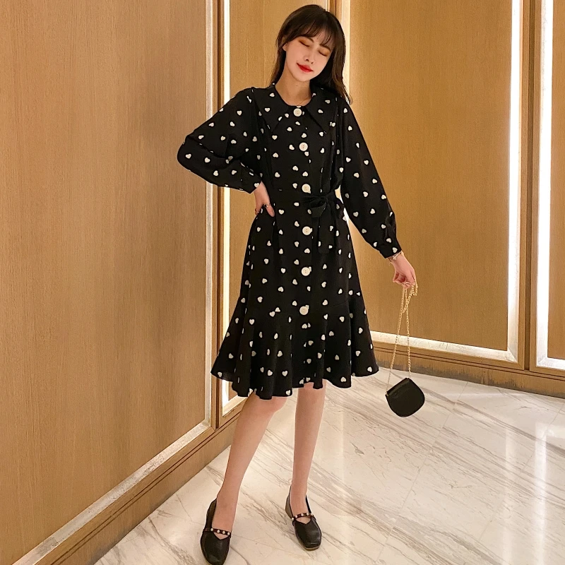 

S-4XL Plus Size Women Korean Love Chiffon Ruffled Sashes Mini A-Line Dress 2020 Empire Elegant Long Sleeve Dress Party Vestidos