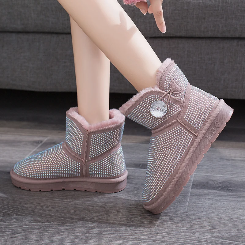 

New Sexy Rhinestone Buttons Ankle Boots Women Flat Keep Warm Snow Boots Shoes Woman Short Plush Winter Shoes 2019 Botas Mujer