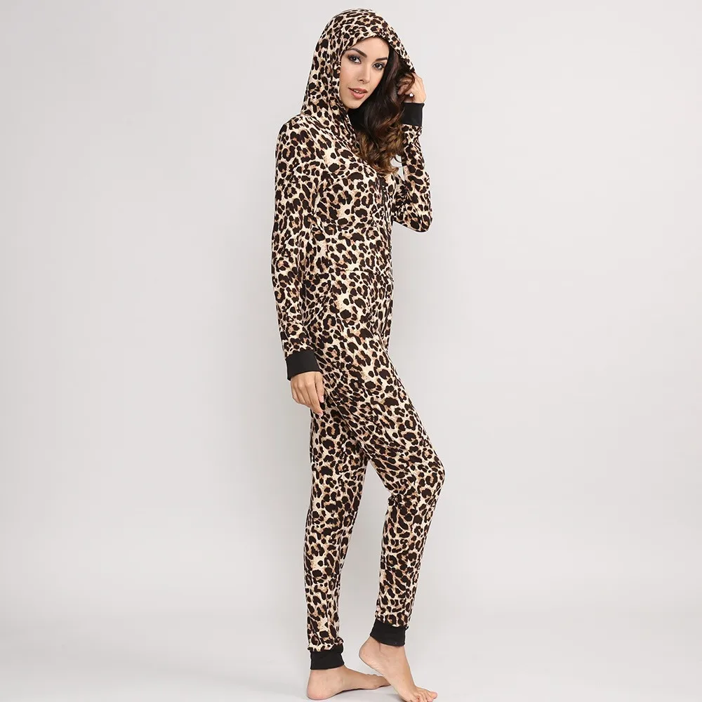 

Centuryestar Leopard Printing Home Jumpsuit Tracksuit Pajamas Onesie 95% Polyester 5% Spandex Long Sleeve Adults Onesie Women