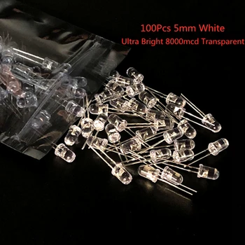 

100pcs / pack 5mm White Ultra Bright 8000mcd Transparent 5 mm Light Emitting Diode LED Lamp 5 mm