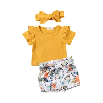 

2020 Newest Hot Baby Summer Clothes Newborn Baby Girl Ruffle Short Sleeve Shirts Tops Floral Pants Shorts Headband 3Pcs Outfits