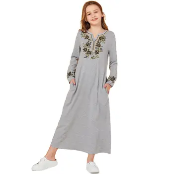 

Fashion Muslim Kids Girls V Neck Long Dress Abaya Dubai Kaftan Islamic Embroidery Jilbab Arab Cocktail Party Gown Maxi Clothing