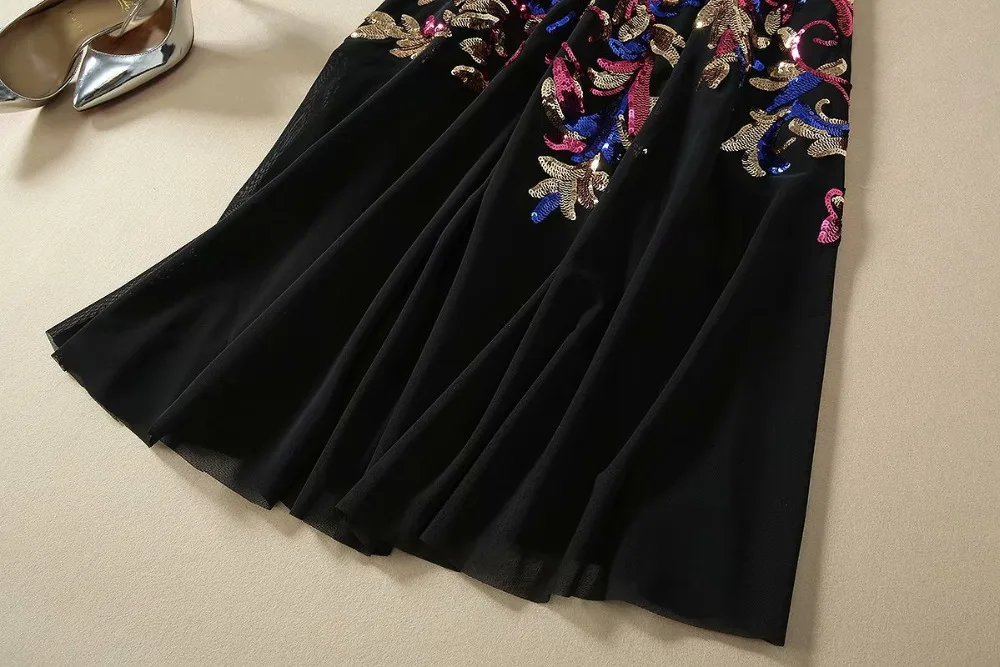 Высокое качество сезон: весна–лето платье Vestidos взлетно-посадочной полосы роскошное платье без рукавов с блестками нежное детское Платье черного цвета Для женщин трапециевидной формы Макси Платья для вечеринок