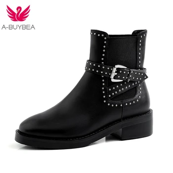 

Genuine Leather Ankle Boots for Women Rivet Buckle Low Heels Women Winter Shoes Round Toe Slip-on Ladies Chelsea Black Shoes