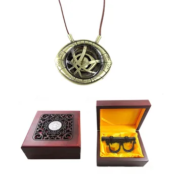 

1:1 Movie Doctor Strange Ring Doctor Strange Cosplay Necklace The Eye of Agamotto Big Size Ring Necklaces with Wooden gift box