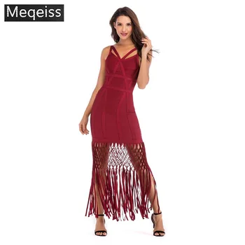 

2019 New Spaghetti Strap Summer Women Bandage Dress Women Sexy Celebrity Evening Party Dress Tassel Fringe Club Dress Vestidos