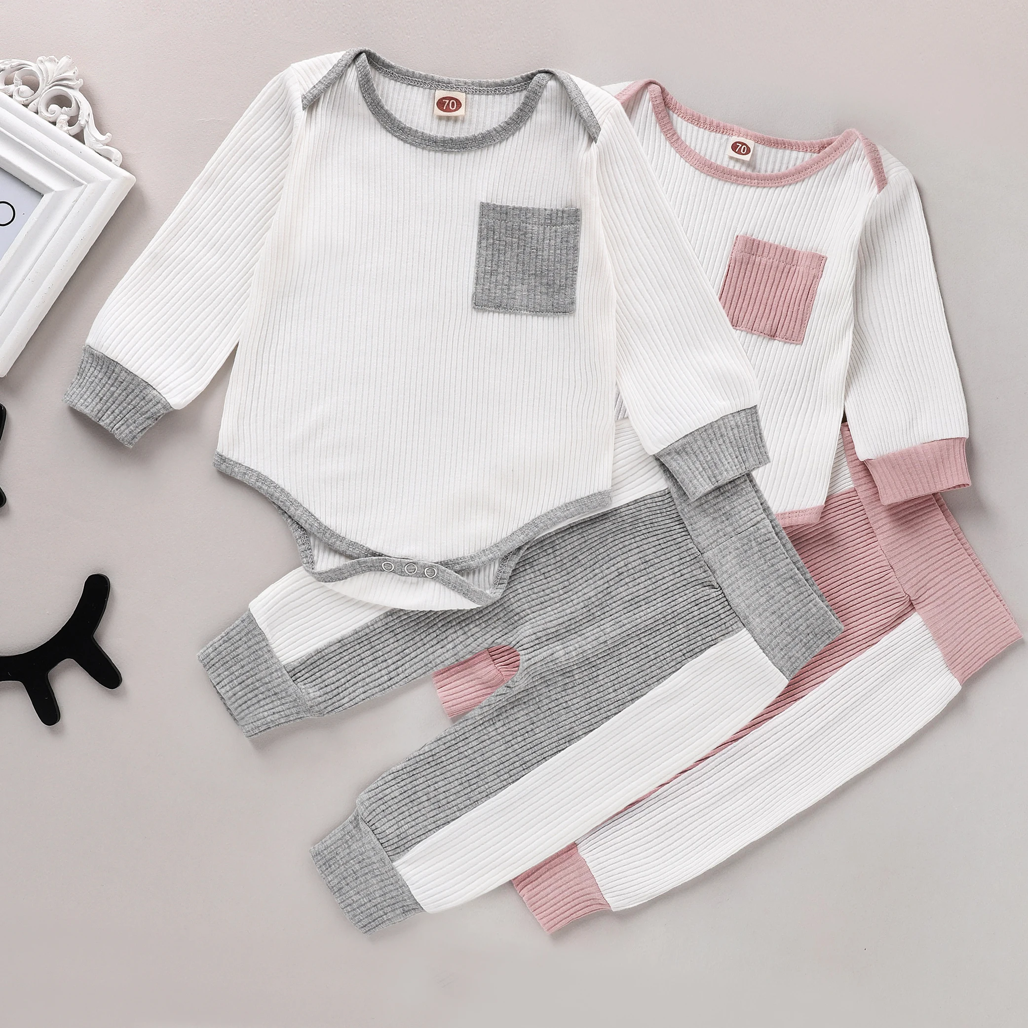 

2Pcs Toddler Autumn Outfits, O-Neck Long-Sleeves Ribbed Romper Top + High-Waist Splicing Pants for Baby Girls, 0-2 Years