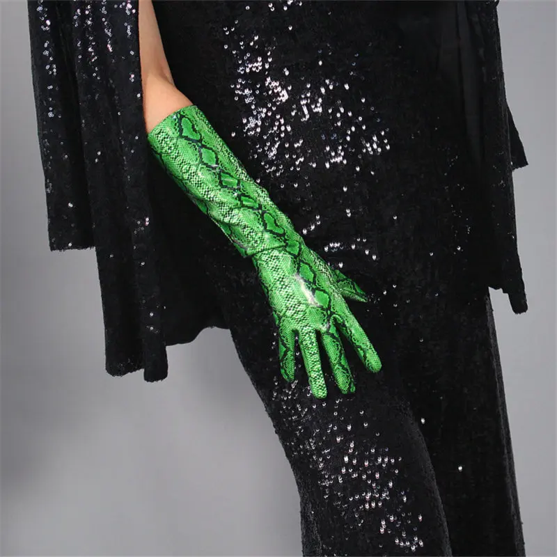 leather green snake 40 см, лакированные кожаные перчатки, длинная секция, искусственная кожа, искусственная кожа, теплая яркая кожа, зеркальная, кремовая, бежевая, кремовая Женская PU46-40 - Цвет: leather green snake