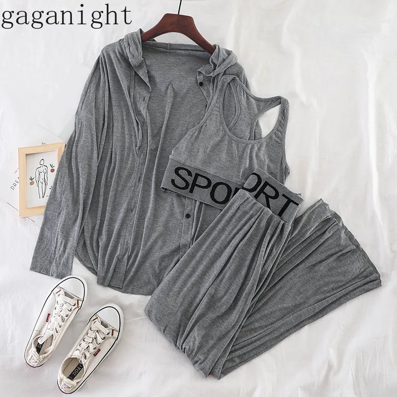 

Gaganight Three Pieces Set Women Autumn Fashion Sport Suit Long Sleeves Knitted Comfortable Tracksuit Solid Camis Wide Leg Pant