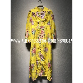 

Linen printed long-sleeved V-neck long dress with high quality bohemian lady dress