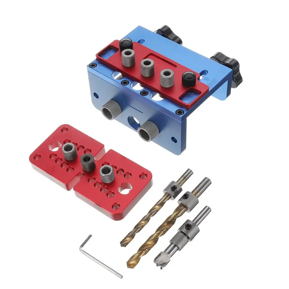 

3 In 1 Woodworking Drill Guide Set Hole Puncher Dowelling Jig Self Tighten Clamp Dowel Tenon Punching with Drill Bits Tool